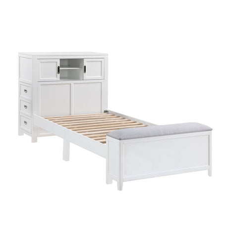 Sloane White Twin Bookcase Bed with Hidden Desk, Stool and Storage Bench by Homelegance at Eve Furniture