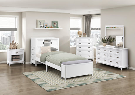 Sloane White Twin Bookcase Bed with Hidden Desk, Stool and Storage Bench by Homelegance at Eve Furniture