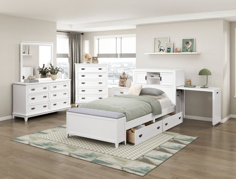Sloane White Twin Bookcase Bed with Hidden Desk, Stool and Storage Bench by Homelegance at Eve Furniture