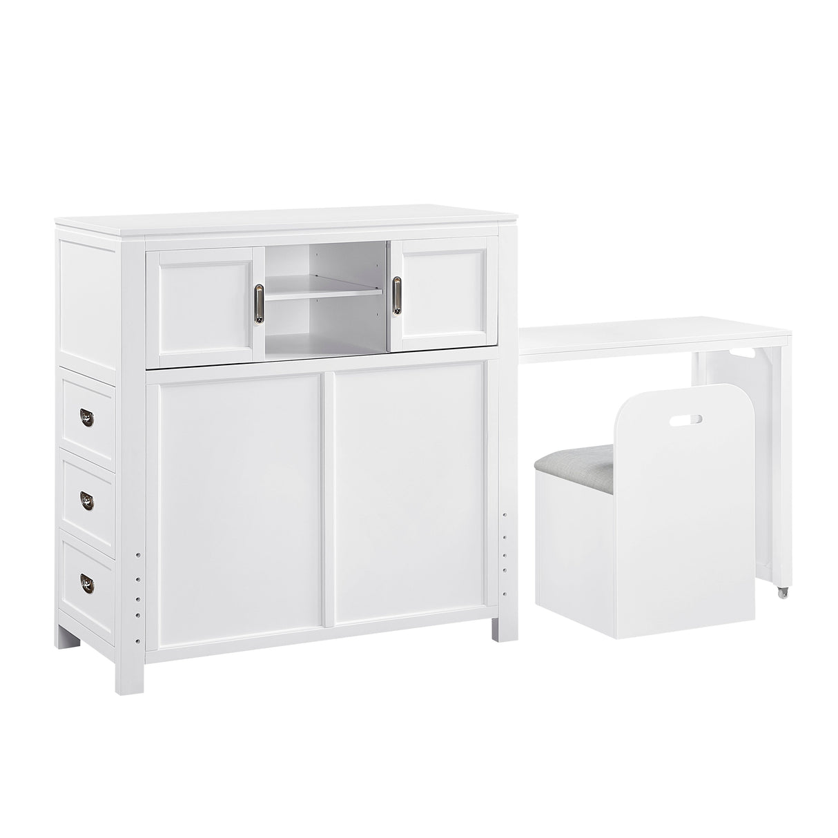 Sloane White Twin Bookcase Bed with Hidden Desk, Stool and Storage Bench