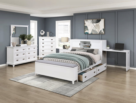 Sloane White Twin Bookcase Bed with Hidden Desk, Stool and Storage Bench by Homelegance at Eve Furniture