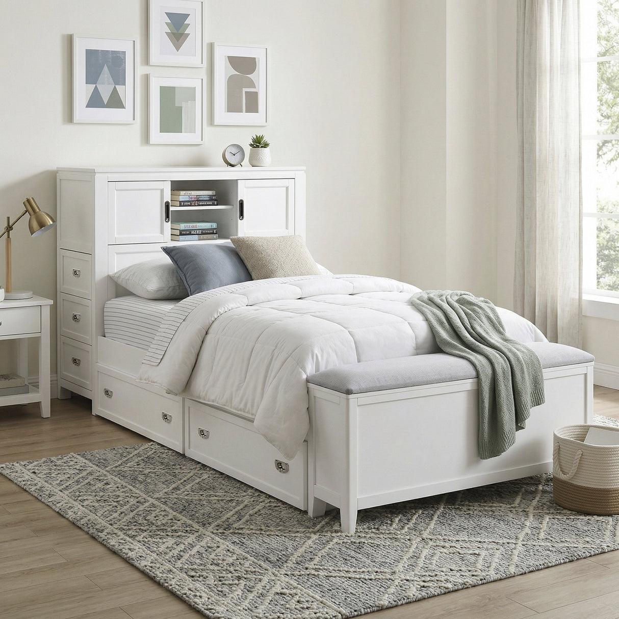 Sloane White Twin Bookcase Bed with Hidden Desk, Stool and Storage Bench