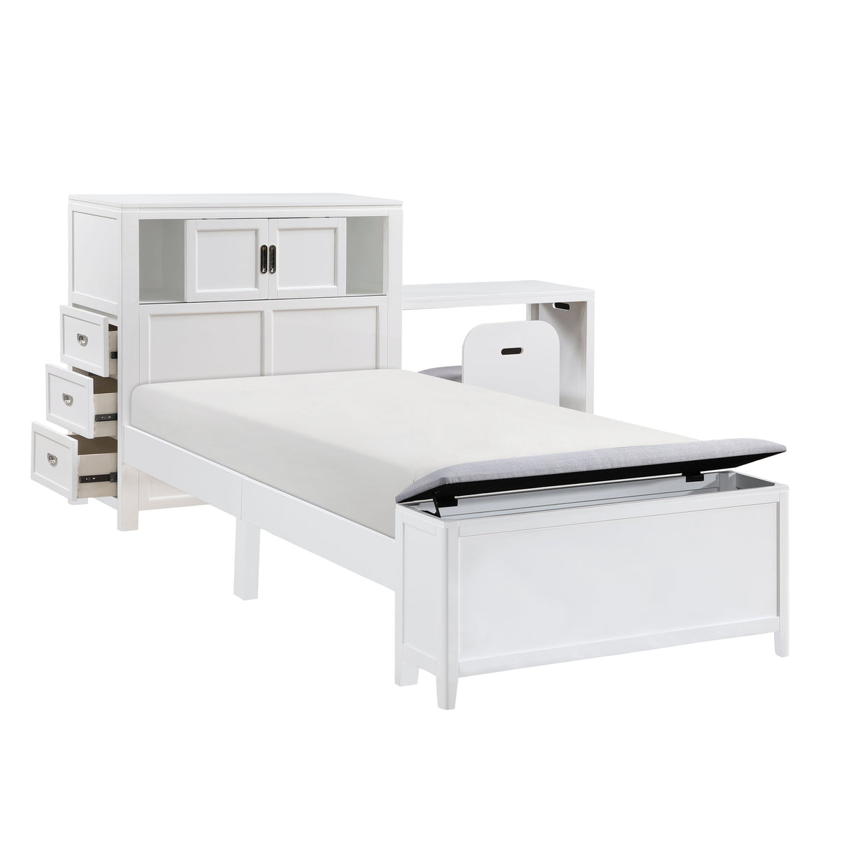 Sloane White Twin Bookcase Bed with Hidden Desk, Stool and Storage Bench
