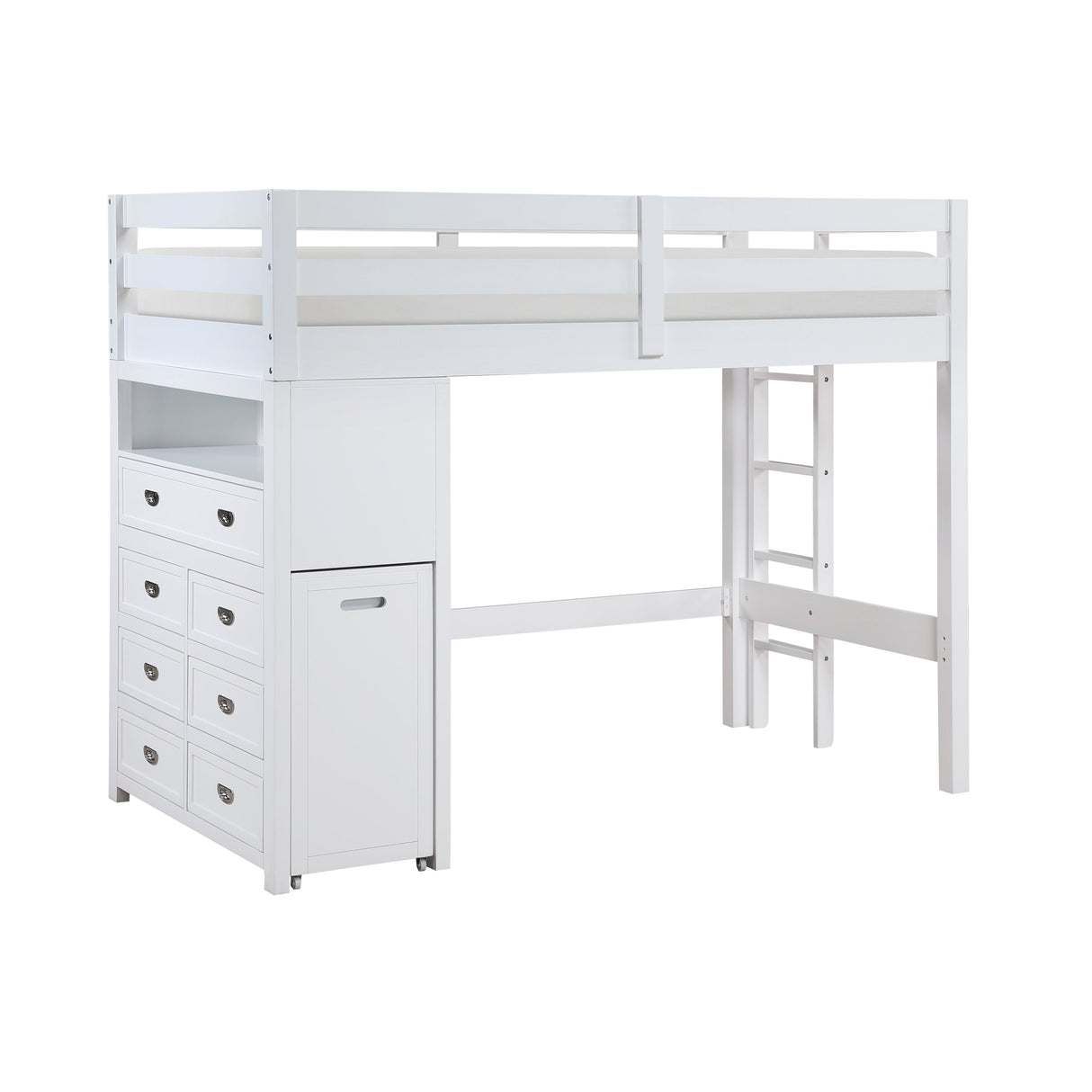 Sloane White Twin/Full Loft Bunk Bed with Chest and Hidden Desk