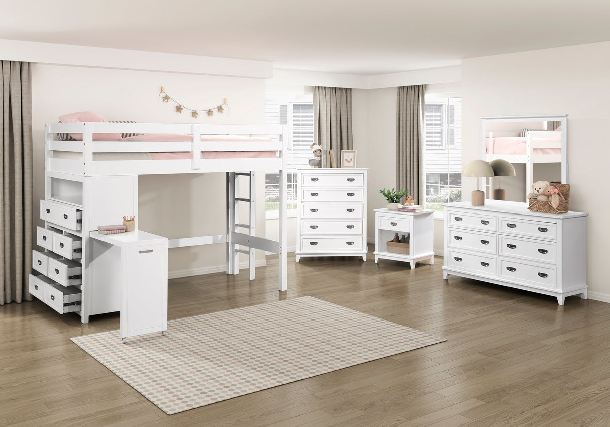 Sloane White Twin/Full Loft Bunk Bed with Chest and Hidden Desk by Homelegance at Eve Furniture