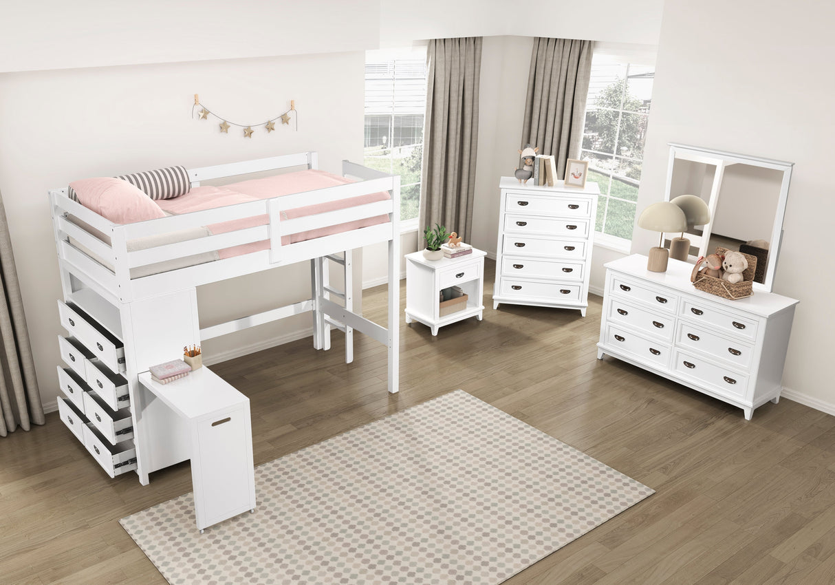 Sloane White Twin/Full Loft Bunk Bed with Chest and Hidden Desk by Homelegance at Eve Furniture
