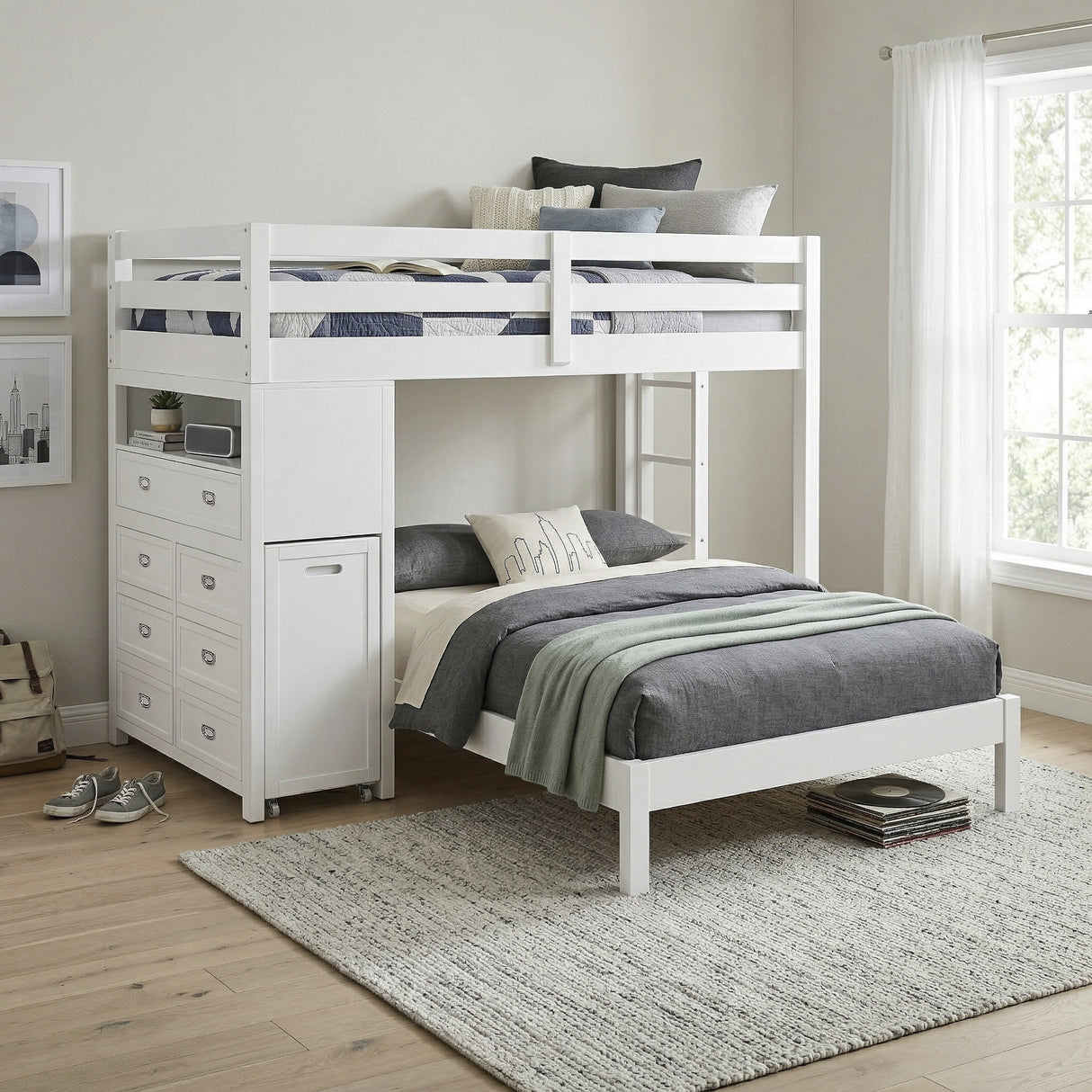 Sloane White Twin/Full Loft Bunk Bed with Chest and Hidden Desk