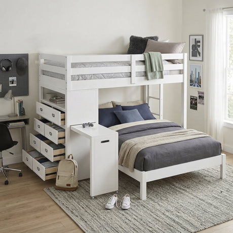 Sloane White Twin/Full Loft Bunk Bed with Chest and Hidden Desk by Homelegance at Eve Furniture