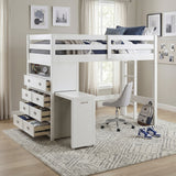 Sloane White Twin/Full Loft Bunk Bed with Chest and Hidden Desk