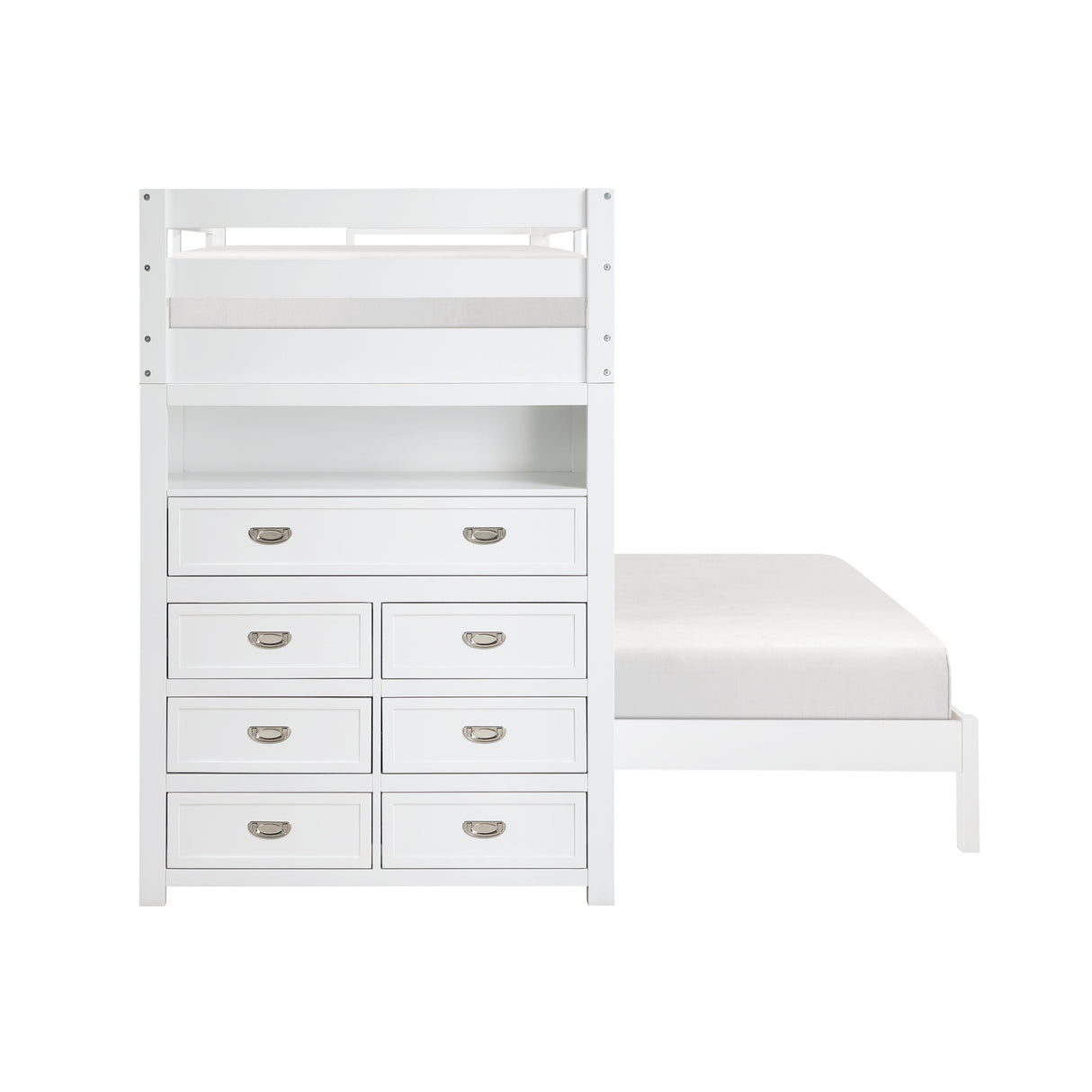 Sloane White Twin/Full Loft Bunk Bed with Chest and Hidden Desk
