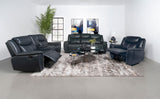 Sloane Blue Upholstered Motion Reclining Loveseat with Console by Coaster at Eve Furniture