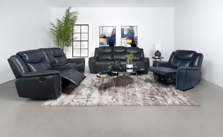 Sloane Blue Upholstered Motion Reclining Loveseat with Console by Coaster at Eve Furniture