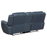 Sloane Blue Upholstered Motion Reclining Loveseat with Console by Coaster at Eve Furniture