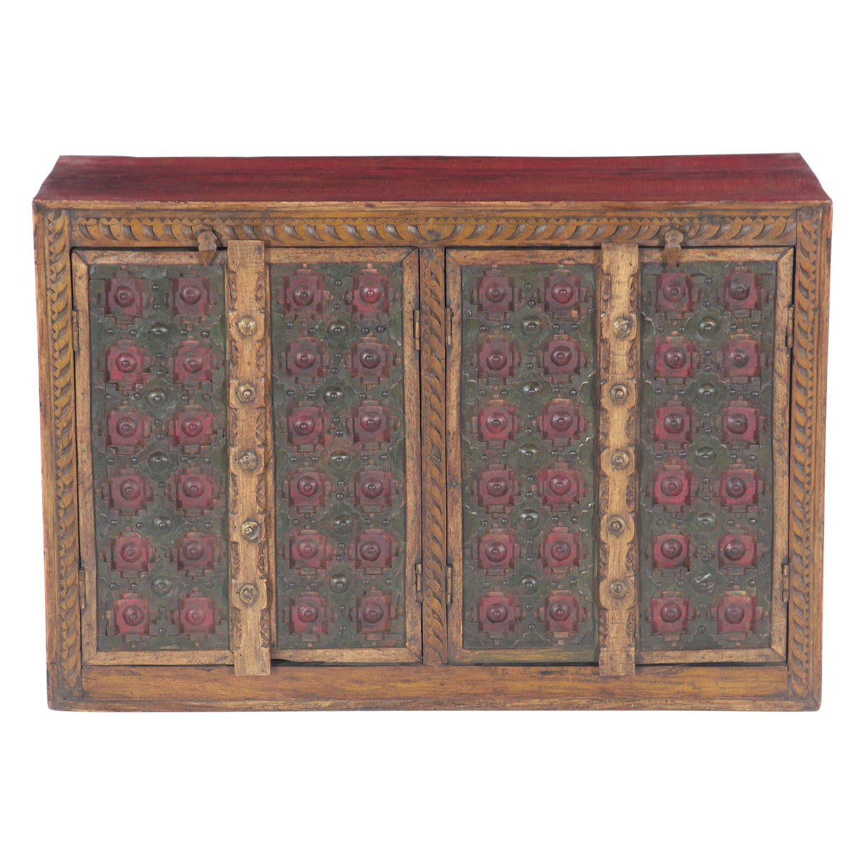 Small Hand Carved Wood Four Door Cabinet with Brass Fittings by Home Trends & Design at Eve Furniture