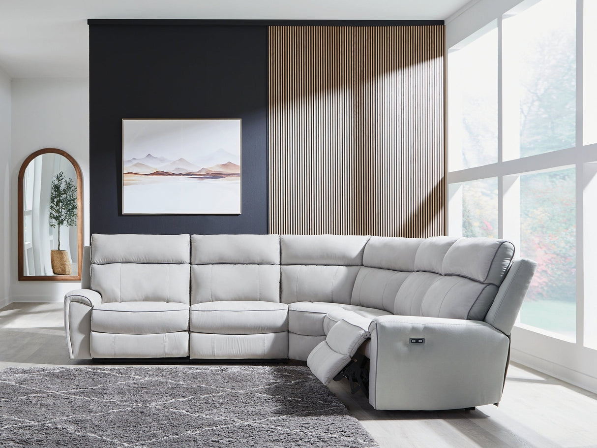 Social Pointe Pearl/Ash 5-Piece Dual Power Reclining Modular Sectional by Ashley at Eve Furniture