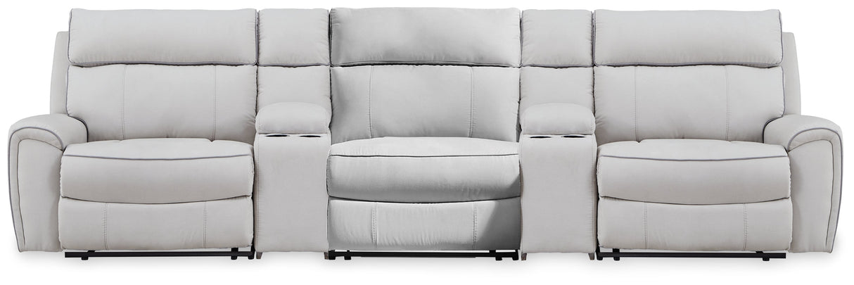 Social Pointe Pearl/Ash 5-Piece Reclining Sectional with Storage Consoles by Ashley at Eve Furniture