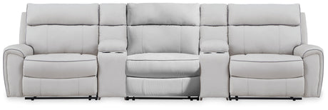 Social Pointe Pearl/Ash 5-Piece Reclining Sectional with Storage Consoles by Ashley at Eve Furniture