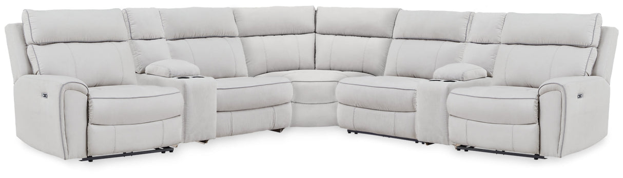 Social Pointe Pearl/Ash 7-Piece Reclining Sectional with Storage Consoles by Ashley at Eve Furniture