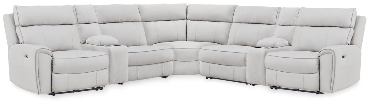 Social Pointe Pearl/Ash 7-Piece Reclining Sectional with Storage Consoles by Ashley at Eve Furniture