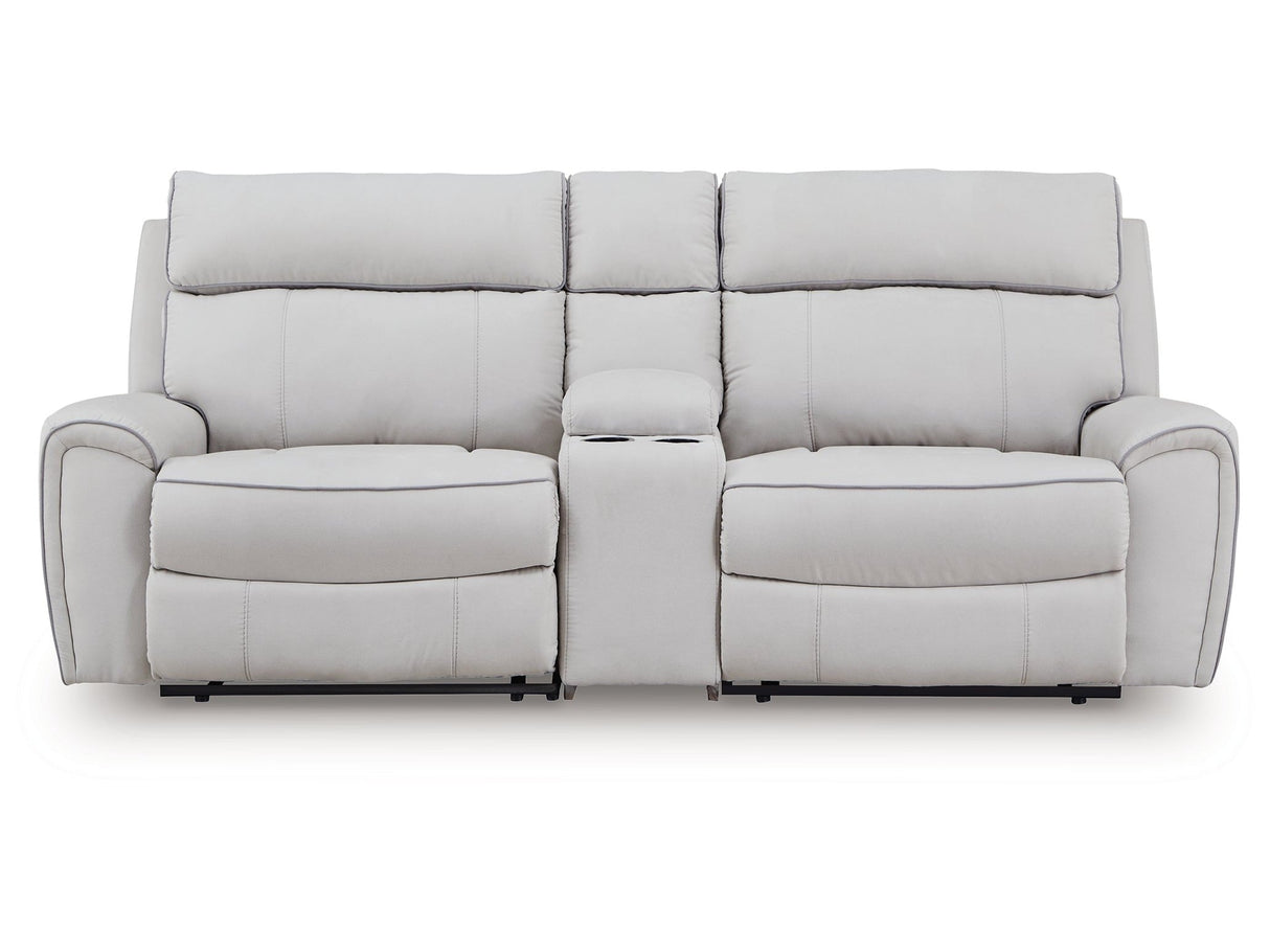 Social Pointe Pearl/Ash Dual Power Reclining Modular Loveseat with Console by Ashley at Eve Furniture