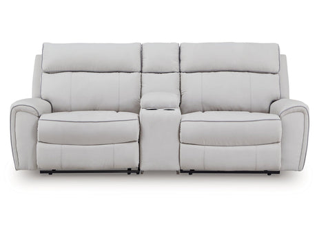 Social Pointe Pearl/Ash Dual Power Reclining Modular Loveseat with Console by Ashley at Eve Furniture