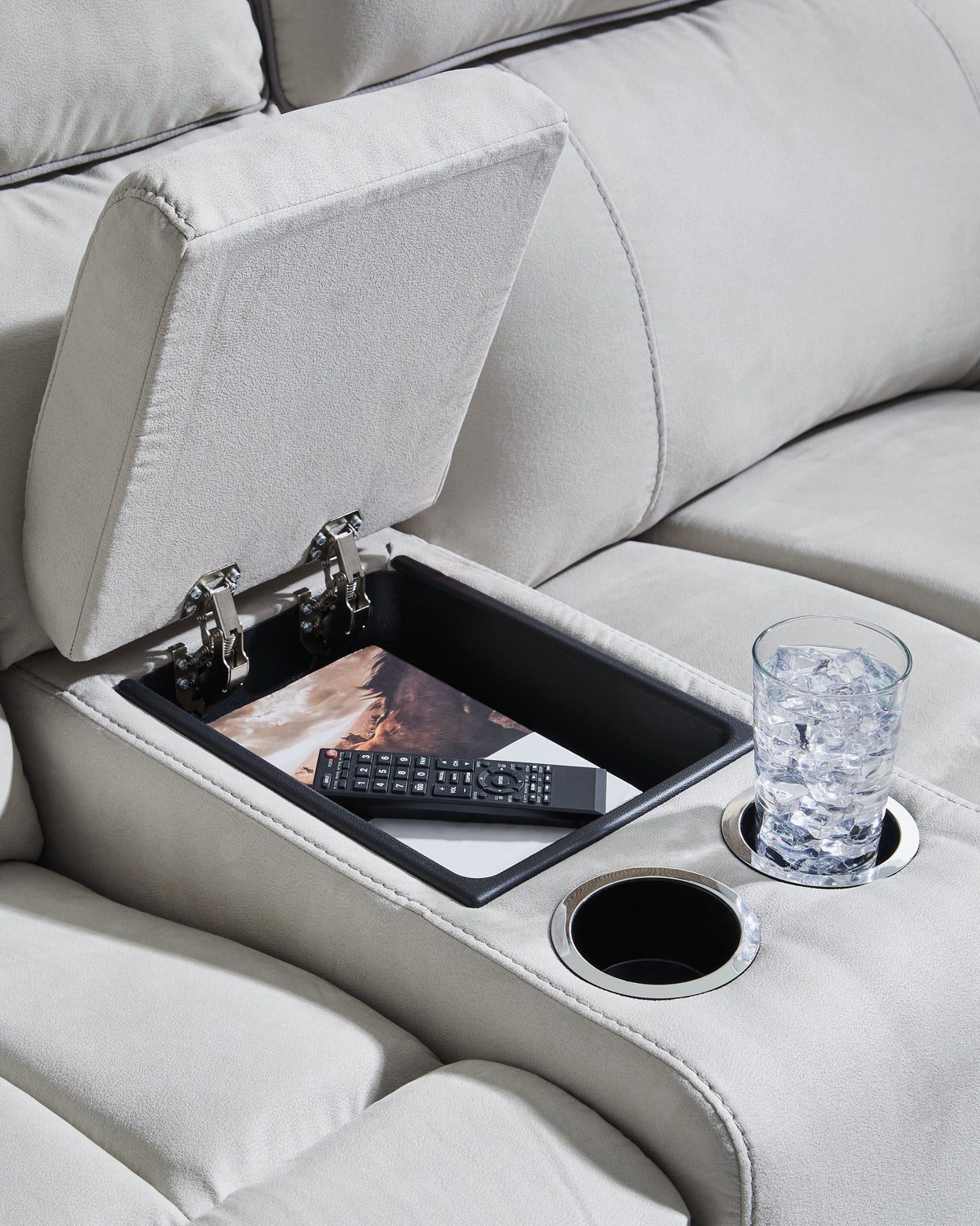 Social Pointe Pearl/Ash Dual Power Reclining Modular Loveseat with Console by Ashley at Eve Furniture