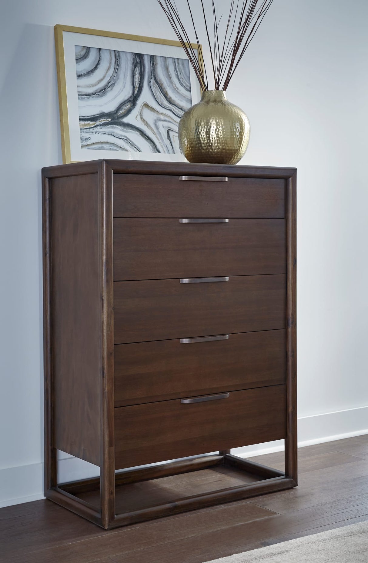 Sol Brown Spice Five Drawer Acacia Wood Chest by Modus Furniture at Eve Furniture