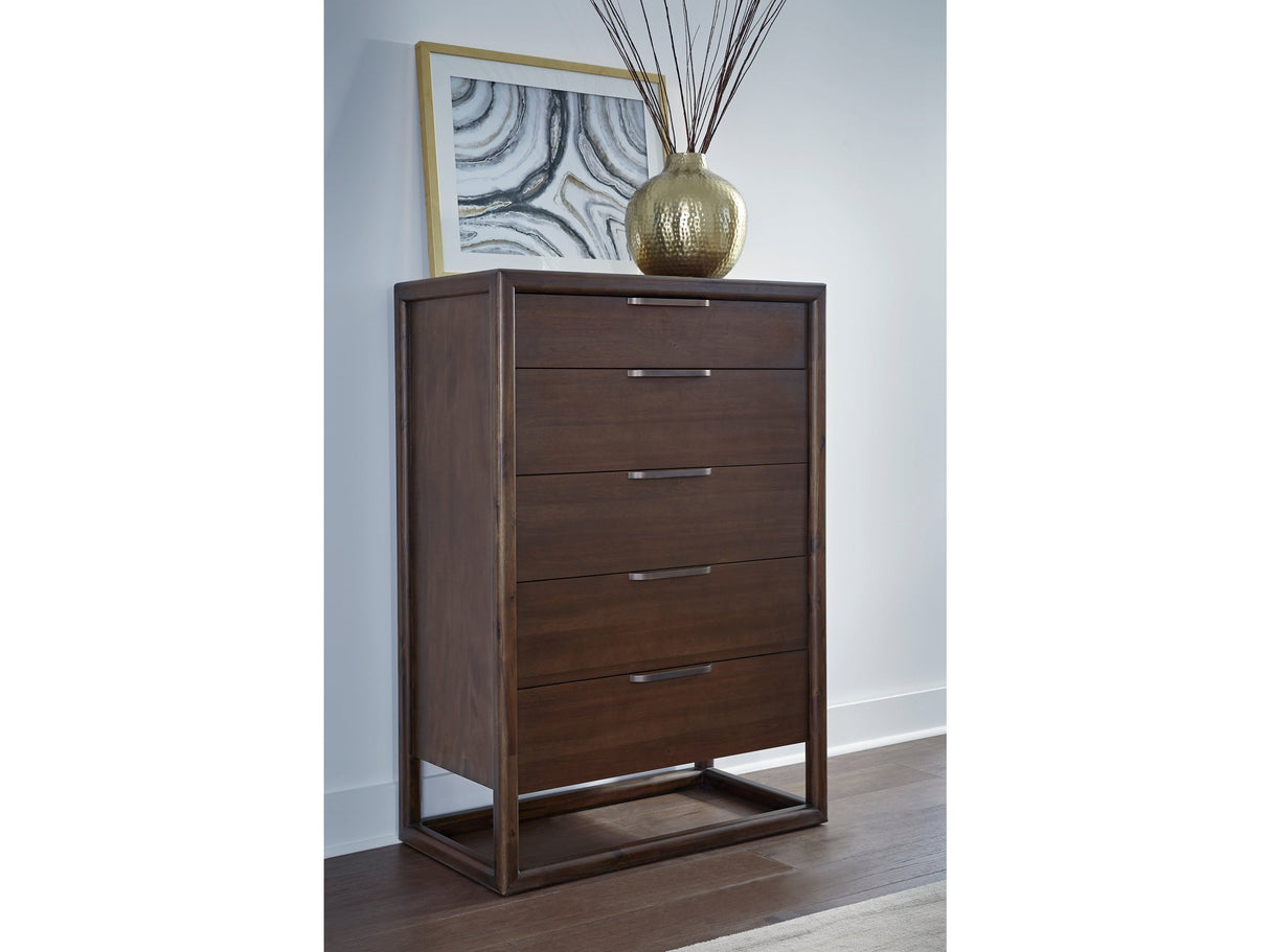Sol Brown Spice Five Drawer Acacia Wood Chest by Modus Furniture at Eve Furniture