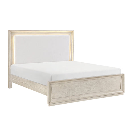 Solas Pearl Eastern Queen LED Upholstered Panel Bed by Homelegance at Eve Furniture