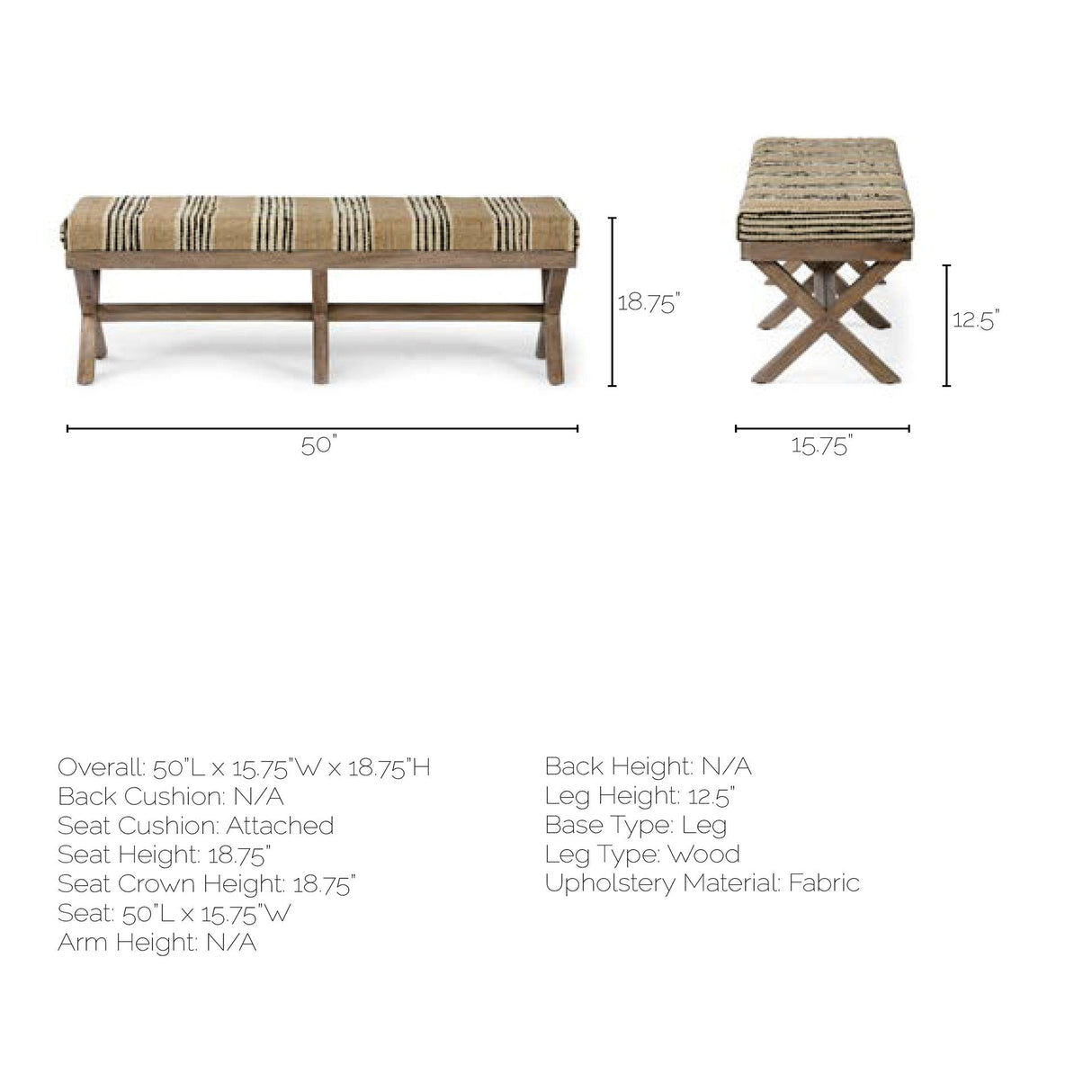 Solis Brown Base Upholstered Beige/Black Stripe Seat Accent Bench by Mercana at Eve Furniture