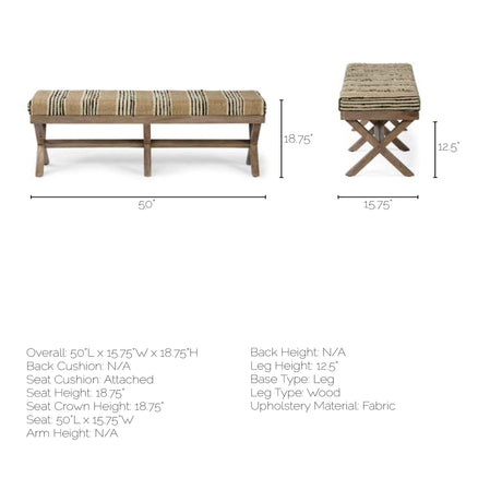 Solis Brown Base Upholstered Beige/Black Stripe Seat Accent Bench by Mercana at Eve Furniture