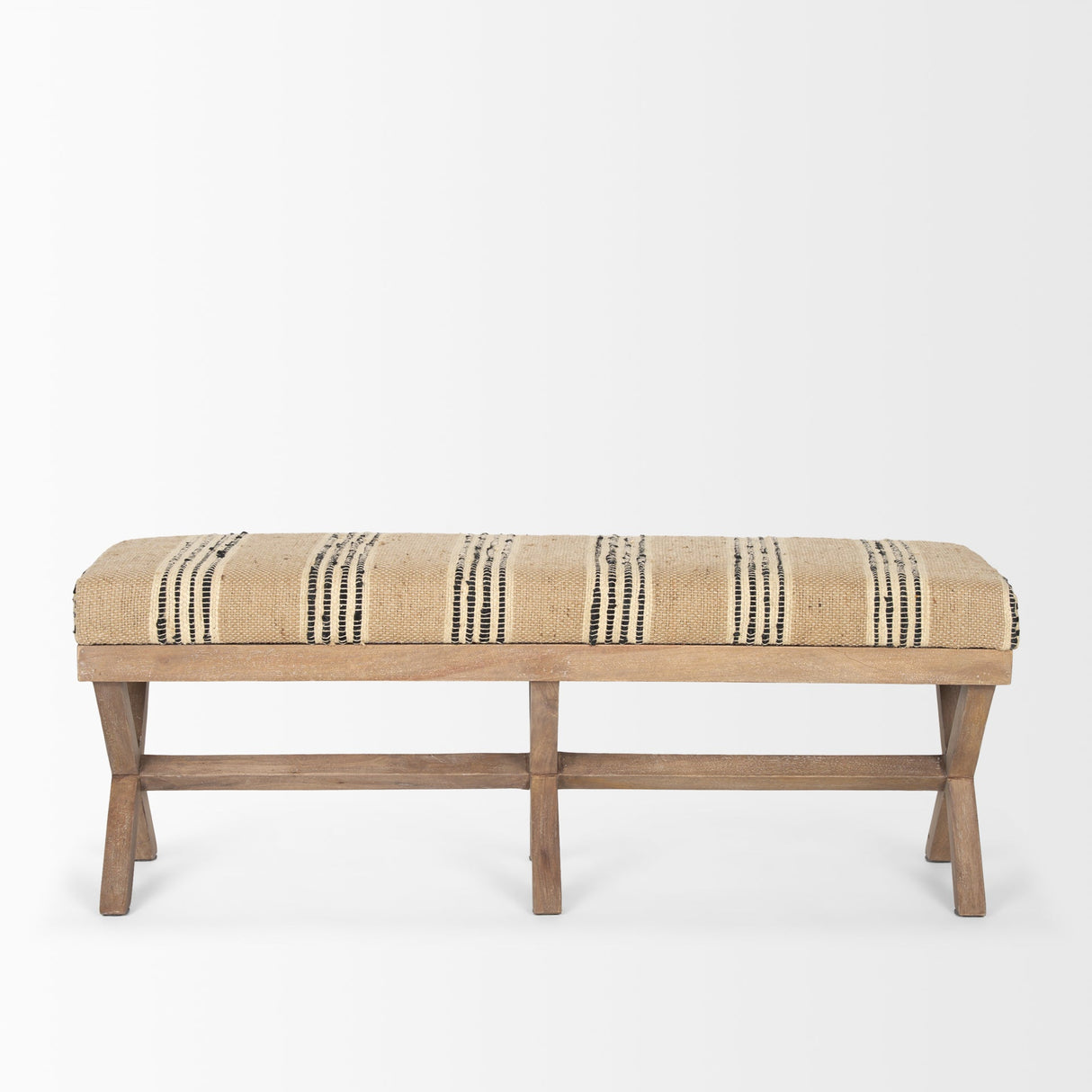 Solis Brown Base Upholstered Beige/Black Stripe Seat Accent Bench by Mercana at Eve Furniture