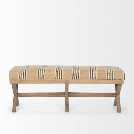 Solis Brown Base Upholstered Beige/Black Stripe Seat Accent Bench by Mercana at Eve Furniture