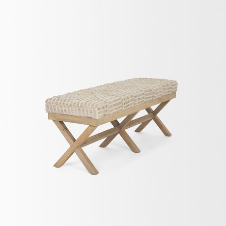 Solis II Brown Base Beige Woven Leather Cushion Accent Bench by Mercana at Eve Furniture