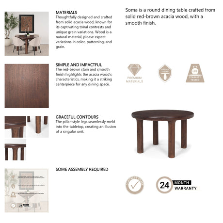 Soma Red Brown Acacia Wood Round Dining Table by Mercana at Eve Furniture