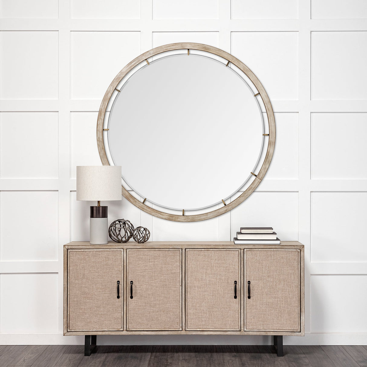 Sonance Round Brown Wood Frame Mirror by Mercana at Eve Furniture