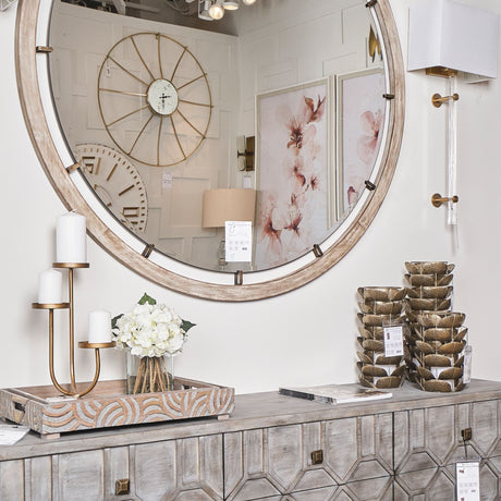Sonance Round Brown Wood Frame Mirror by Mercana at Eve Furniture