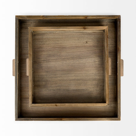 Sonny Set of Two Brown Wood and Wicker Square Trays by Mercana at Eve Furniture