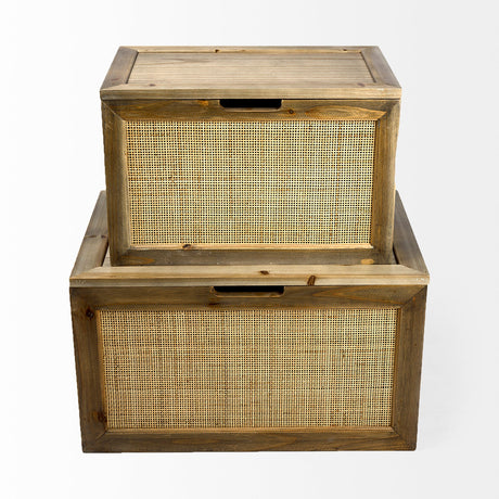 Sonny Set of Two Brown Wood and Wicker W/ Metal Detail Rectangular Boxes by Mercana at Eve Furniture