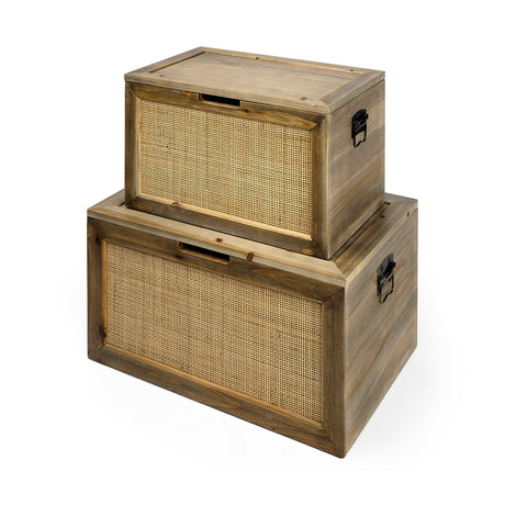 Sonny Set of Two Brown Wood and Wicker W/ Metal Detail Rectangular Boxes by Mercana at Eve Furniture