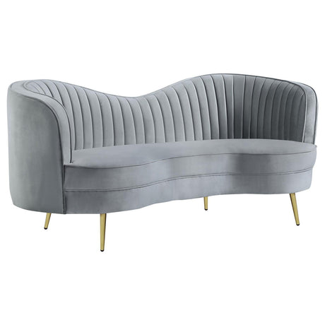 Sophia Gray/Gold Upholstered Loveseat with Camel Back by Coaster at Eve Furniture