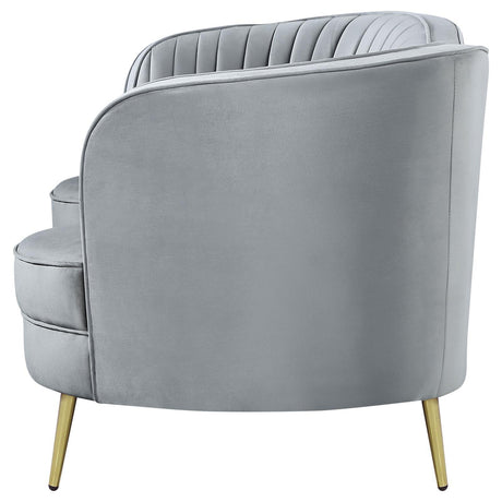 Sophia Gray/Gold Upholstered Loveseat with Camel Back by Coaster at Eve Furniture