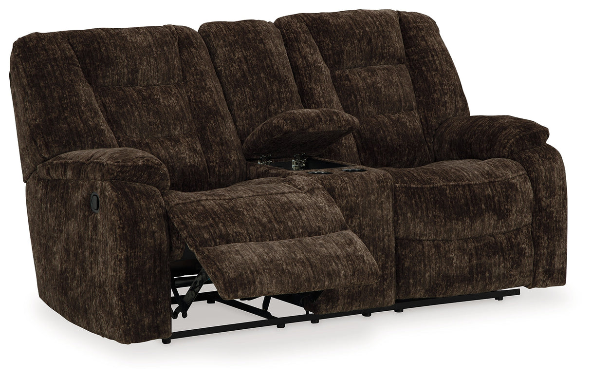 Soundwave Chocolate Reclining Loveseat with Console