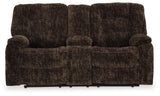 Soundwave Chocolate Reclining Loveseat with Console