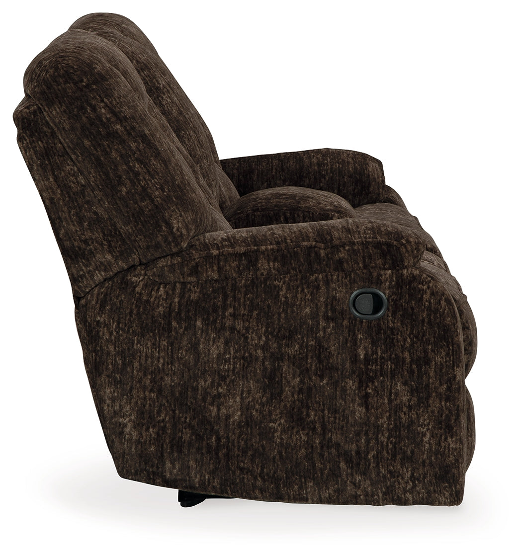 Soundwave Chocolate Reclining Loveseat with Console