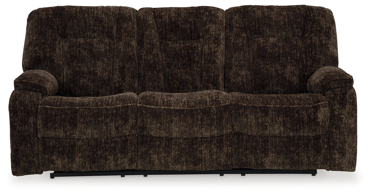 Soundwave Chocolate Reclining Sofa with Drop Down Table