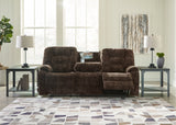 Soundwave Chocolate Reclining Sofa with Drop Down Table