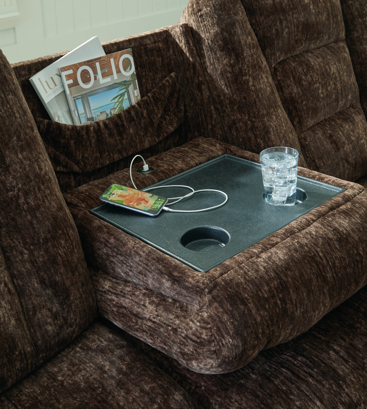 Soundwave Chocolate Reclining Sofa with Drop Down Table