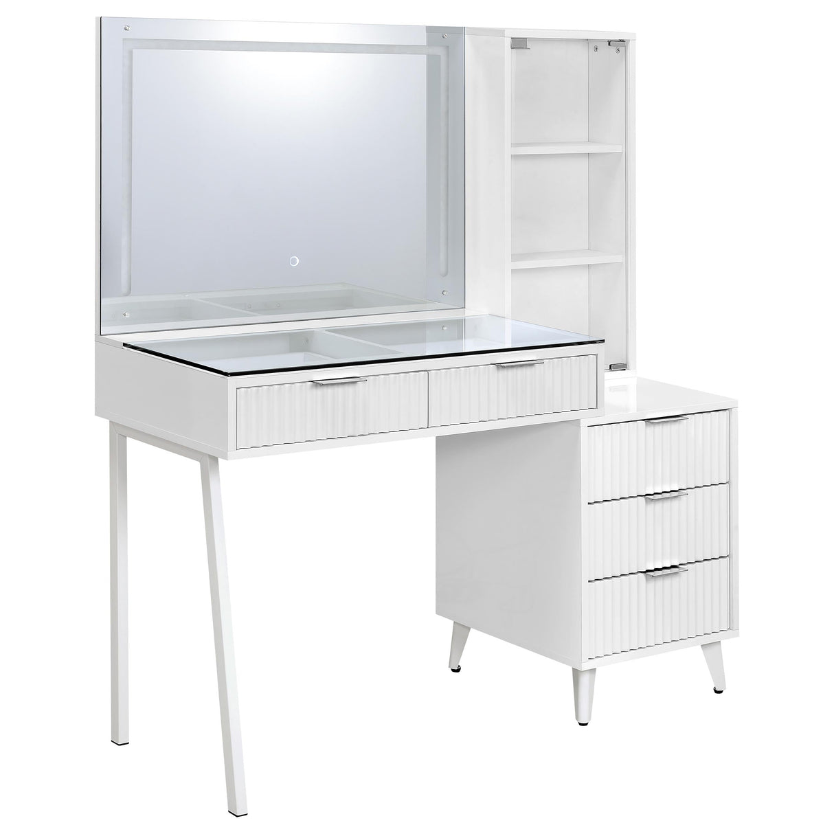 Souza White High Gloss 5-Drawer Makeup Vanity Table With LED Mirror by Coaster at Eve Furniture