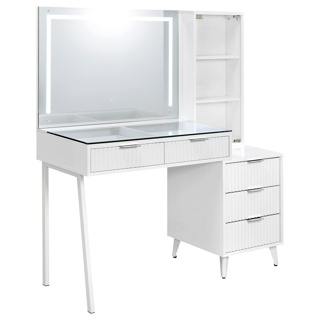 Souza White High Gloss 5-Drawer Makeup Vanity Table With LED Mirror by Coaster at Eve Furniture